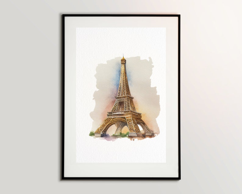 Peut inclure: Une peinture &agrave; l'aquarelle de la tour Eiffel &agrave; Paris, France. La tour est repr&eacute;sent&eacute;e dans des tons de brun et d'or, avec une lavis d'aquarelle rose, orange et bleu en arri&egrave;re-plan.