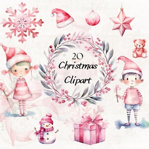 May include: A set of 20 watercolor Christmas clipart illustrations featuring a pink and white snowflake, a pink and white star, a pink and white ornament, a pink and white Santa hat, a pink and white wreath with berries, a pink and white snowman, a pink and white gift box, a pink and white elf girl, and a pink and white elf boy.