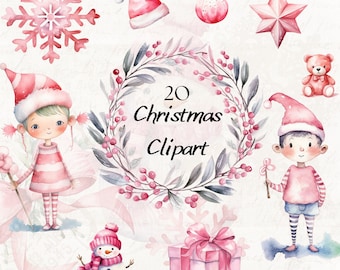 Watercolor Pink Christmas Clipart, Pink Christmas Decor, Pink Christmas PNG, Pink Christmas Ornaments, Watercolor Winter Bundle