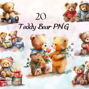 Bundle aquarelle de clip art ours en peluche, ours en peluche PNG, clipart baby shower ours en peluche, art mignon ours en peluche, art imprimable chambre d'enfant ours en peluche