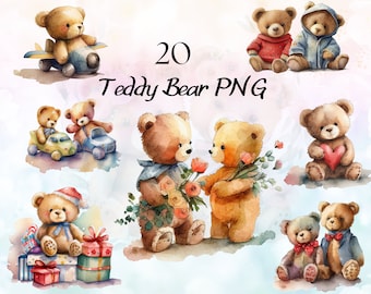 Watercolor Teddy Bear Clip Art Bundle, Teddy Bear PNG, Teddy Bear Baby Shower Clipart, Cute Teddy Bear Art, Printable Teddy Bear Nursery Art