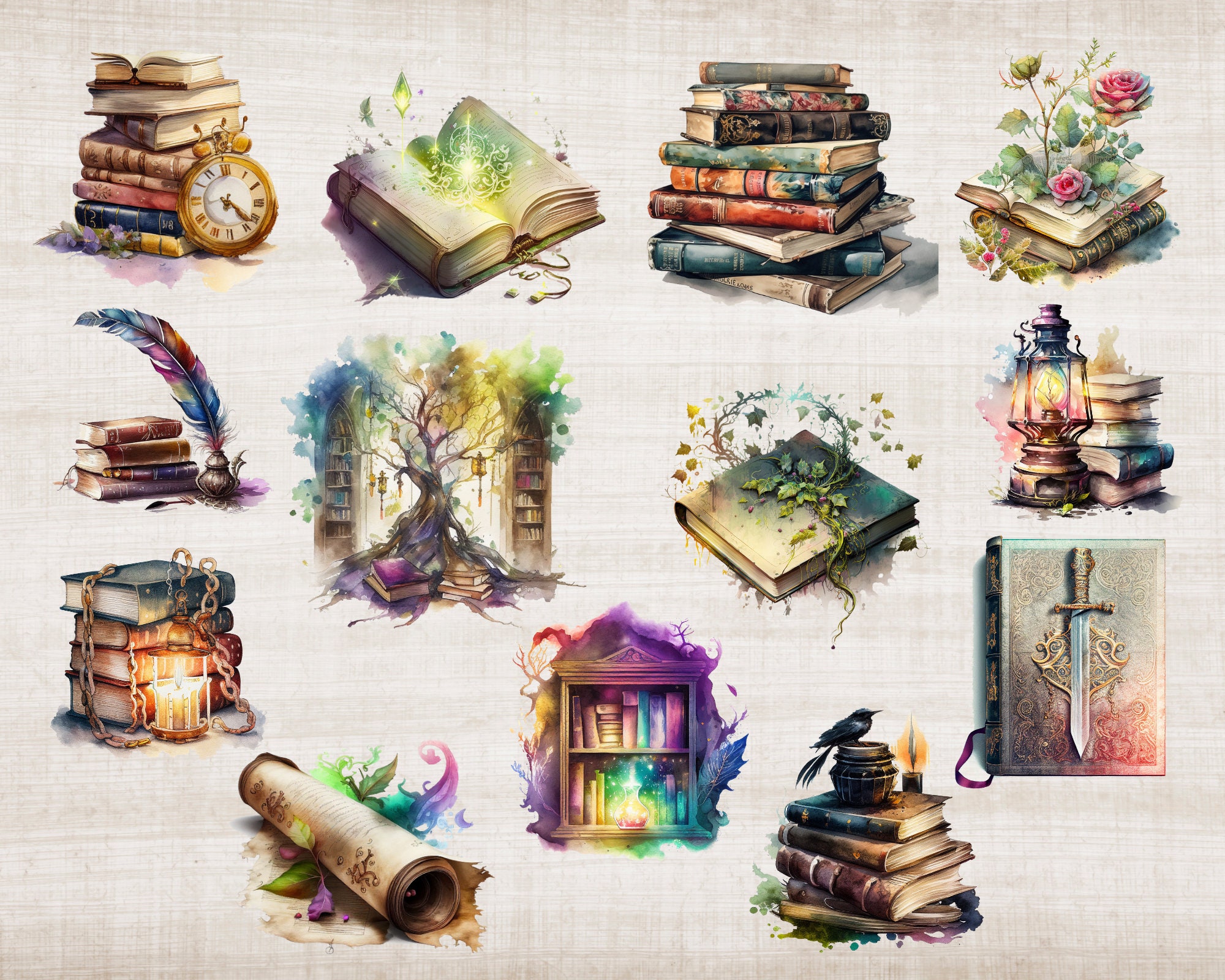 24 Watercolor Fantasy Books Clipart Bundle, Galaxy Wizard Book Stacks ...