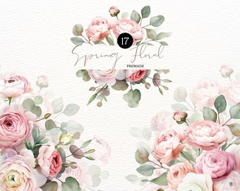 Dusty Rose Floral Clipart Blush Peonies Clipart PNG Flowers Border PNG Watercolor Rose Bundle Wedding Invitation Pink Flowers Clipart PNG