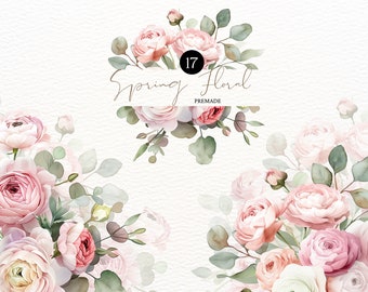 Dusty Rose Floral Clipart Blush Peonies Clipart PNG Flores Frontera PNG Acuarela Rosa Paquete Invitación de boda Flores Rosas Clipart PNG