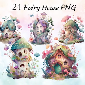 May include: Five whimsical fairy houses with intricate details, surrounded by lush greenery and colorful flowers. Each house is unique, with a variety of textures and colors, including a mushroom-shaped house, a treehouse, and a cottage.