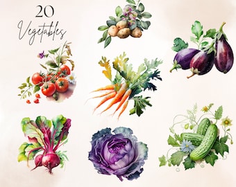 20 Watercolor Garden Vegetable Clipart Bundle, Vintage Inspired Veggie Garden SVG Bundle, Vegetables Clipart, Veggie Clipart, Farmers Market