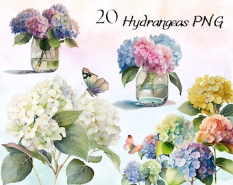 Watercolor Hydrangea Flowers Clipart Bundle, Blue Hydrangea Clipart, Vintage Hydrangea Clipart PNG, Hydrangea Art, Floral Clipart Bundle