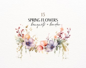 Watercolor Wild Flowers Clipart, Spring Clipart, Blush Floral Wildflower Clipart, Premade Borders, Wedding Clipart, Borders Clipart Floral