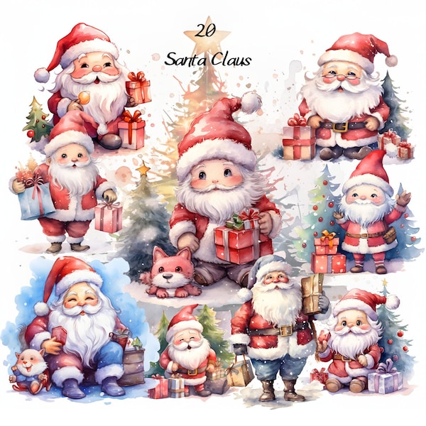 Watercolor Cute Santa Clipart, Christmas Clipart, Santa Claus Art, Watercolor Holiday Clipart, Santa Png, Mrs Claus PNG, Winter Clipart