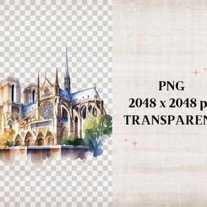 Peut inclure: Peinture &agrave; l'aquarelle d'une cath&eacute;drale avec un toit bleu et gris, des murs en pierre brune et une grande baie vitr&eacute;e. La peinture est sur un fond blanc.