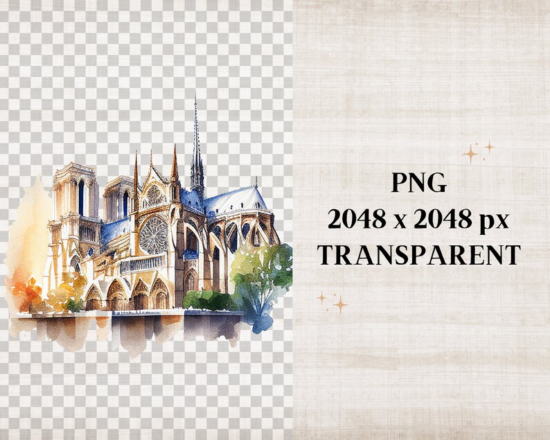 Peut inclure: Peinture &agrave; l'aquarelle d'une cath&eacute;drale avec un toit bleu et gris, des murs en pierre brune et une grande baie vitr&eacute;e. La peinture est sur un fond blanc.