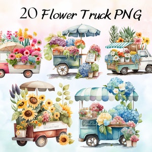 20 枚の水彩画フラワーカート クリップアート バンドル、春の花屋のカート、ロマンチックなトラック、フラワーマーケットの車のクリップアート、花柄 PNG、商用利用