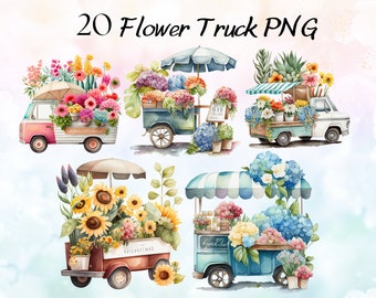 20 Watercolor Flower Carts Clipart Bundle, Spring Florist Cart, Romantic Truck, Flower Market Car Clipart, Floral PNG, Commercial Use