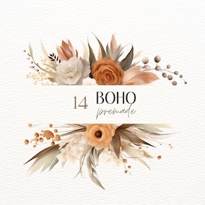 Imágenes prediseñadas de flores boho de acuarela, imágenes prediseñadas de flores boho naranja y marrón, imágenes prediseñadas de flores de otoño boho, rosas boho PNG, imágenes prediseñadas de Pampass