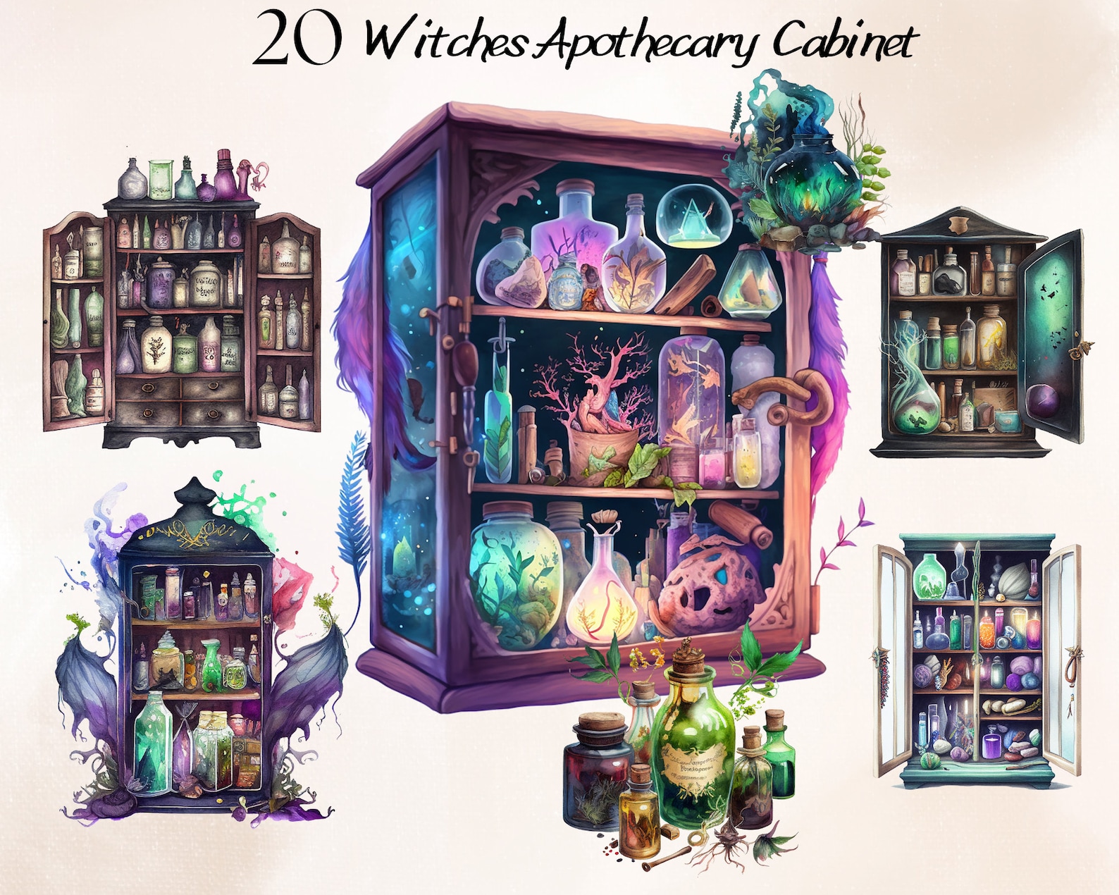 Watercolour Witches Apothecary Clipart Bundle, Wiccan PNG