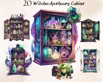 Watercolour Witches Apothecary Cabinet Clipart Bundle, Wiccan PNG, Potion Unique Wiccan Witchcraft Clipart, Magic Clip Art, Mystical Clipart