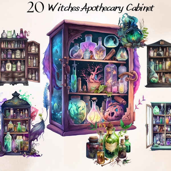 Watercolour Witches Apothecary Cabinet Clipart Bundle, Wiccan PNG, Potion Unique Wiccan Witchcraft Clipart, Magic Clip Art, Mystical Clipart