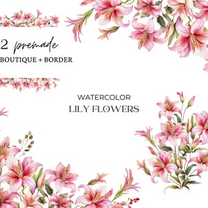Clipart De Flores De Lírio Aquarela, Flores De Lírio Rosa, Clipart De Buquês De Flores Png, Molduras Pré-fabricadas De Casamento Floral, Boutique, Borda