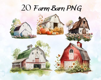 20 Watercolor Barn Clipart Bundle, Watercolor Barn Farm Illustration, Farm Field Clipart, Farm Barns Clipart PNG Sublimation Bundle