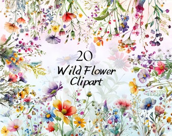 Imágenes prediseñadas de flores silvestres de acuarela, flores de primavera de acuarela PNG, imágenes prediseñadas florales, ramo de flores silvestres, paquete de imágenes prediseñadas florales de flores de pradera