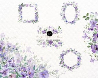 Watercolor Purple Flowers PNG Wildflower Clipart Flower Violet Wedding Invitation Purple Watercolor Flowers Clipart Bundle PNG Frames