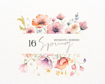 Watercolor Spring Flowers Clipart, Spring Clipart, Blush Floral Wildflower Clipart, Premade Borders, Wedding Clipart, Borders Clipart Floral