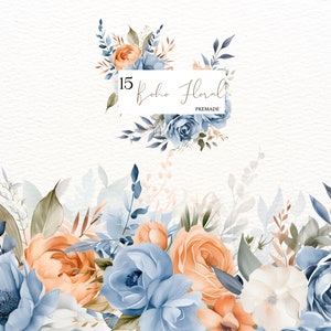 Acuarela Boho Flores Clipart, Naranja & Azul Floral Clipart, Boho Otoño Flores Clipart, Boho Flor PNG, Boda Boho, Boho Clipart