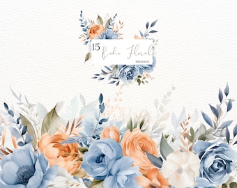 Watercolor Boho Flowers Clipart, Orange & Blue Floral Clipart, Bohemian Autumn Flowers Clipart, Boho Flower PNG, Boho Wedding, Boho Clipart