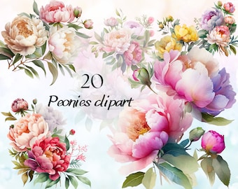 Watercolor Pink Peony Clipart, White Peonies Watercolor Clipart, Peony PNG, Peonies Floral Wedding Invitation, Watercolor Peony Bouquet PNG
