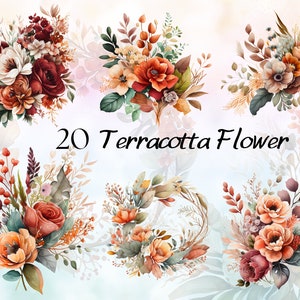 Aquarela Boho Terracota Floral Pack, Flor Outono Clipart, Boho Flor PNG, Outono Floral Flores Secas Clipart, Terracota Floral Clipart
