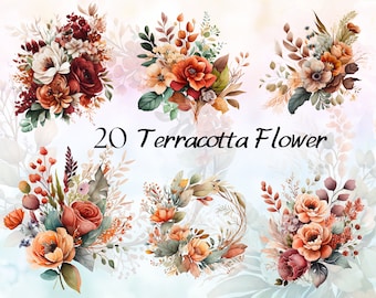 Watercolor Boho Terracotta Floral Pack, Flower Autumn Clipart, Boho Flower PNG, Fall Floral Dried Flowers Clipart, Terracotta Floral Clipart