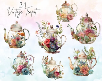 24 Watercolor Tea Time Clipart, Vintage Flowers Teapot Clipart, Tea Party Bundle, Tea Clip Art, Teapot Spring Clipart Bundle