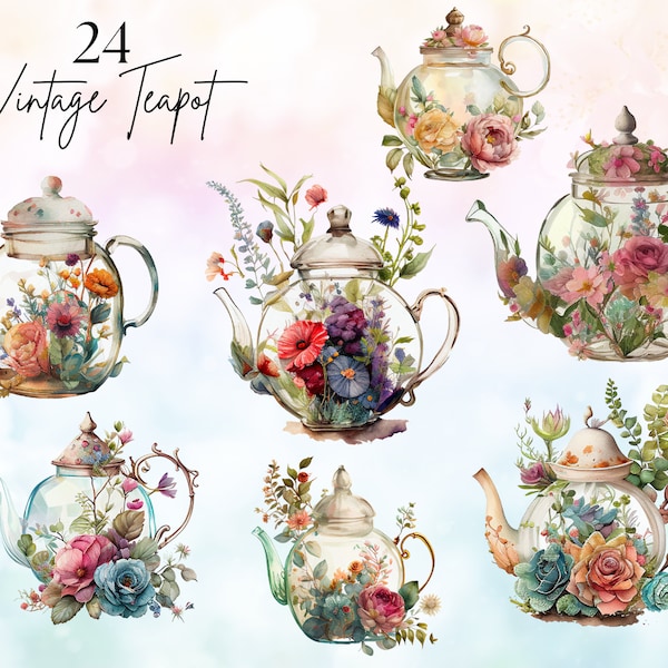 24 Watercolor Tea Time Clipart, Vintage Flowers Teapot Clipart, Tea Party Bundle, Tea Clip Art, Teapot Spring Clipart Bundle