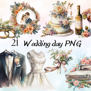 Paquete de imágenes prediseñadas de boda en acuarela, Clip Art de novia, amor lindo, arco de boda, elementos de boda, conjunto de ilustración de boda, coche recién casado