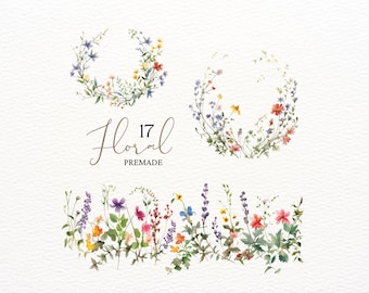 Watercolor Meadow Wild Flower Clipart, Botanical Wild Flowers Clipart, Wildflower Wreath, Summer fall flowers, Pastel Field Summer Flowers