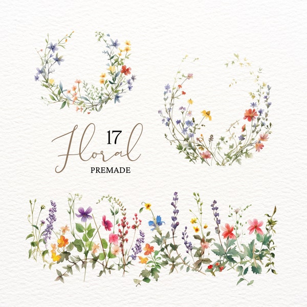 Aquarell Wiese Wildblumen Clipart, Botanische Wildblumen Clipart, Wildblumenkranz, Sommer Herbstblumen, Pastell Feld Sommerblumen