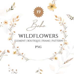 Clipart de flores silvestres Boho em aquarela, bordas florais, conjunto de clipart floral selvagem, clipart de flores secas em aquarela, arte de flores silvestres pré-fabricadas