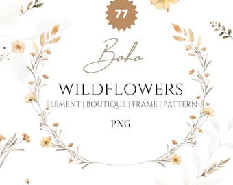 Aquarelle Boho fleurs sauvages Clipart, bordures florales, ensemble de cliparts floraux sauvages, aquarelle fleurs séchées Clipart, fleurs sauvages Art préfabriqué