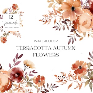 Aquarel terracotta bloem clipart, terracotta bloemen clipart pack, herfst clipart, oranje en bruin neutrale bloemen, premade bloemen clipart