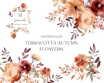 Aquarell Terrakotta Blume Clipart, Terrakotta Floral Clipart Pack, Herbst Clipart, Orange & Braun Neutral Floral, vorgefertigte Blumen Clipart