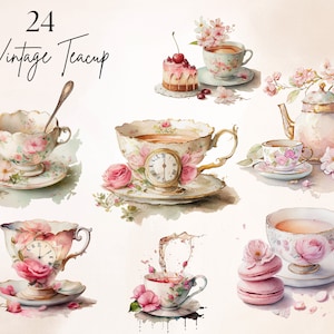 24 clipart vintage tazza da tè rosa, arte dell'ora del tè, tazza da tè floreale Png, ora del tè antico, album di ritagli, diario spazzatura, artigianato con la carta