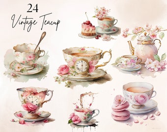 24 Vintage Pink Teacup Clipart, Tea Time art, Flower Teacup Png, Antique Tea Time, Scrapbook, Junk Journal, Paper Crafts