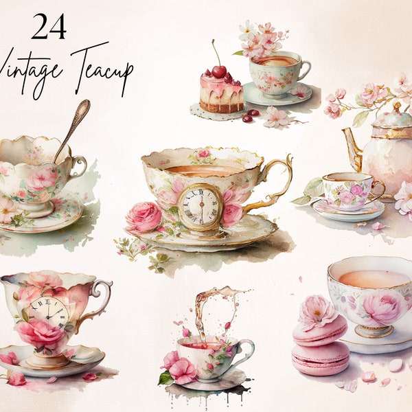 24 Vintage Pink Teacup Clipart, Tea Time art, Flower Teacup Png, Antique Tea Time, Scrapbook, Junk Journal, Paper Crafts