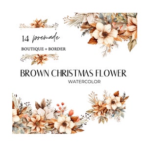 Clipart de flores marrons de Natal em aquarela, clipart de flores neutras, arranjo floral, convite de casamento, molduras pré-fabricadas, boutique, borda
