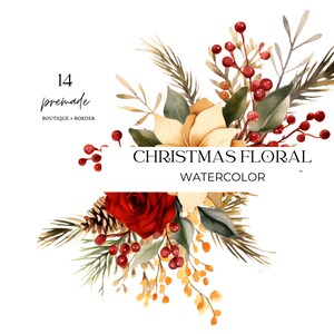 Aquarela vermelho ouro flores boutique clipart, flores de natal clipart floral, arranjos florais de natal, elementos florais de natal, diy