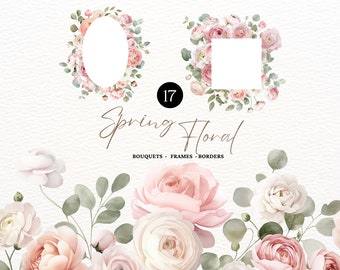 Dusty Rose Floral Clipart Blush Peonies Clipart PNG Flowers Border PNG Watercolor Rose Bundle Wedding Invitation Pink Flowers Clipart PNG