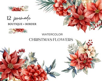 Watercolor Christmas Flowers Clipart, Wintertide Collection, Christmas Wreaths Clipart, Christmas Bouquets, XMAS Set, Winter Bundle