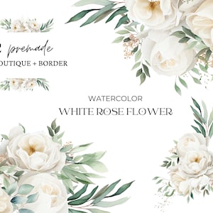 Watercolor White Roses Clipart, White Roses PNG, White Rose Flowers Bouquets Clipart,  Wedding Invitation, Premade Rose Floral Clipart