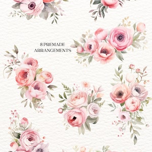 Watercolor Pink Roses Clipart Pink Flower Clipart Eucalyptus Clipart ...