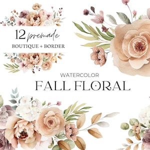 Clipart floral neutro em aquarela de outono, clipart de flor neutra, florais temperamentais, convite de casamento Boho, molduras pré-fabricadas, boutique, borda